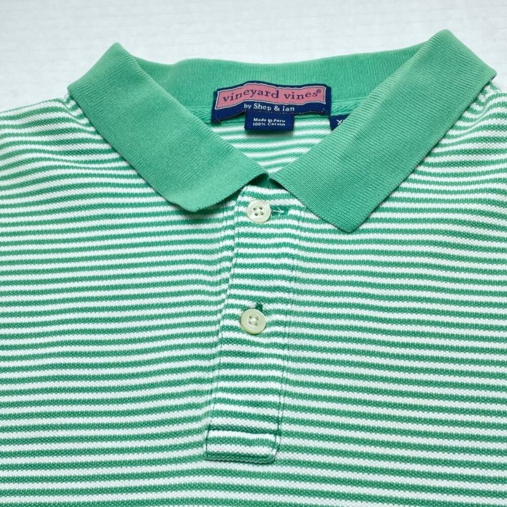 Vineyard Vines Men's Polo Shirt - Green & White Striped - Size XL - GUC